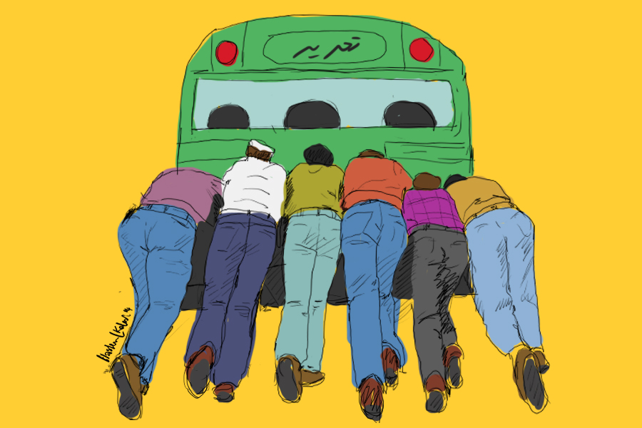 Men pushing a bus in Cairo